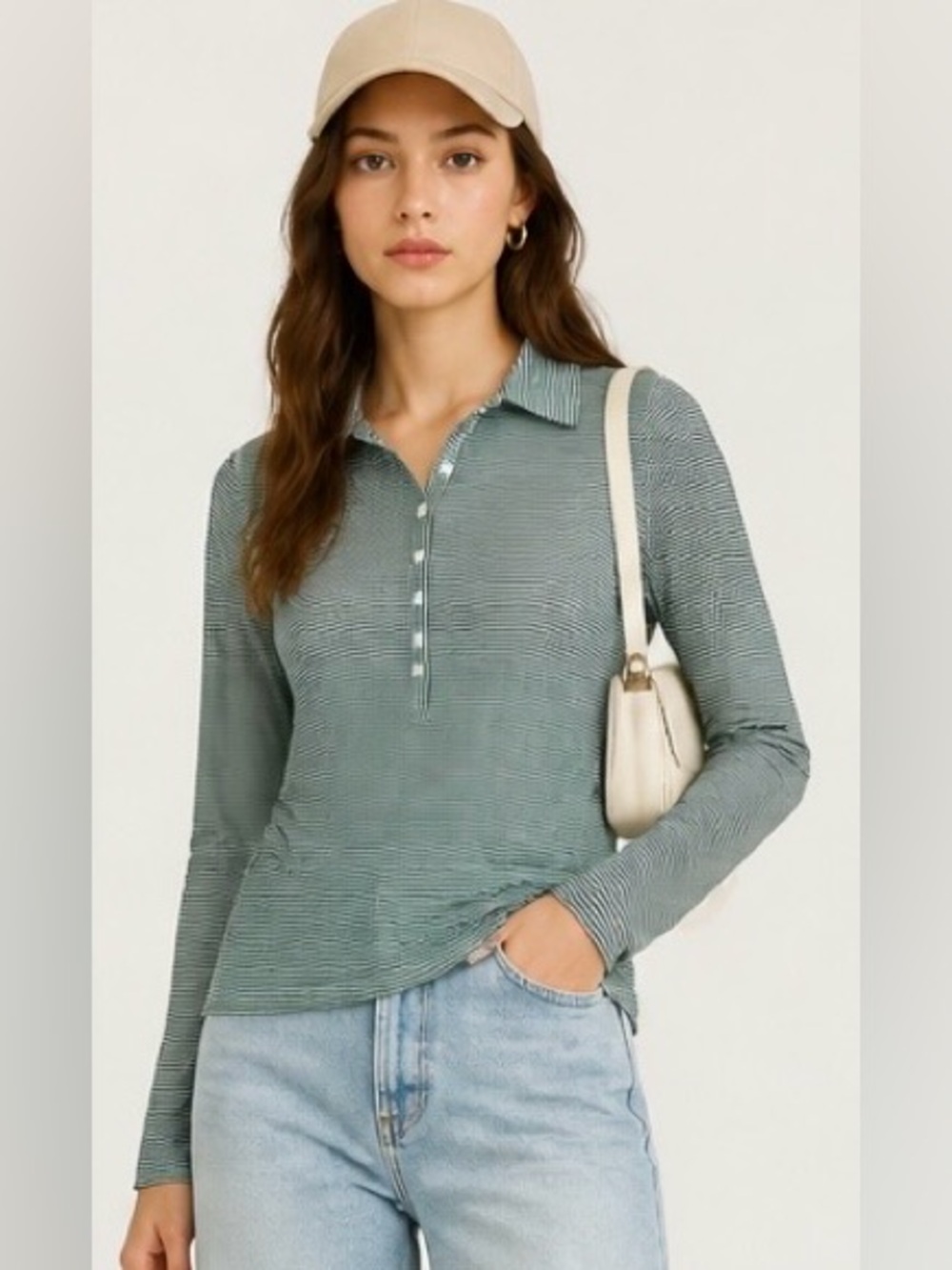 IRIDEON Shirt Top Henley Popover Striped Green Black Equestrian Lightweight